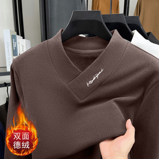保暖内搭休闲上衣 t恤休闲打底衫 2025秋冬男士 v领卫衣印花德绒长袖