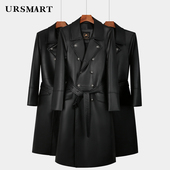 长款 风衣男加厚保暖皮外套大衣男 过膝皮衣男双排扣大翻领英伦时尚