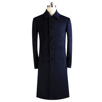 秋冬单排扣长款藏蓝色羊毛大衣