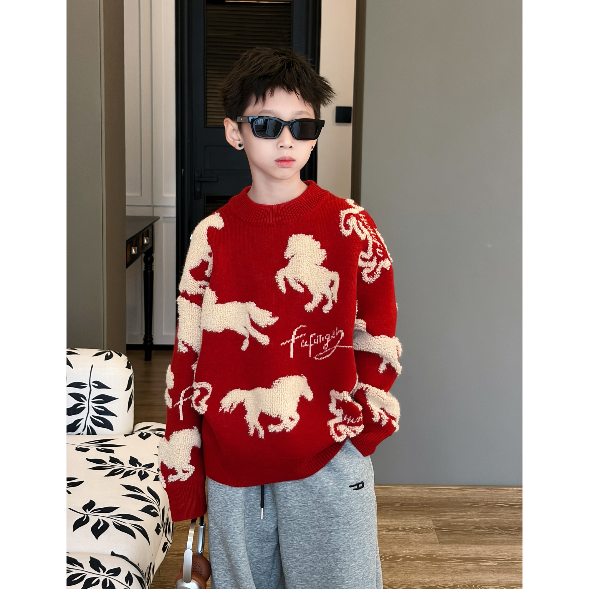 男童2026马年红色毛衣