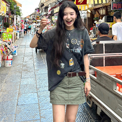 美式复古纯棉水洗做旧短袖T恤女