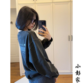 美式 复古圆领套头卫衣女秋冬水洗做旧外套设计感小众慵懒宽松上衣