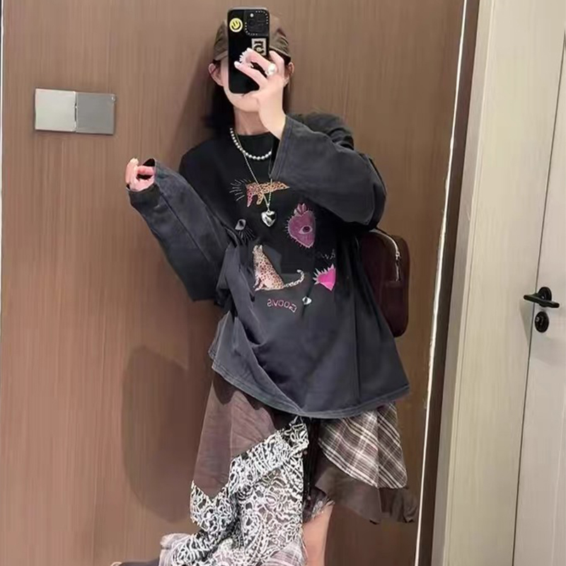 金钱豹动物印花长袖t恤女春秋