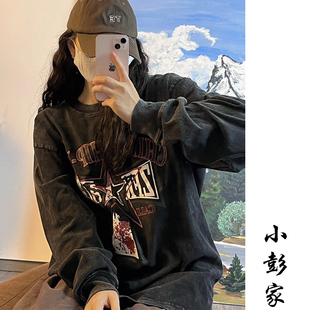 纯棉长袖水洗做旧t恤女春秋美式复古卫衣oversize小众宽松上衣ins