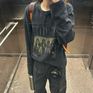 纯棉长袖 复古水洗做旧oversize小众高街ins宽松上衣 t恤女春秋美式