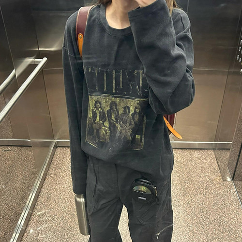 纯棉长袖t恤女春秋复古做旧上衣