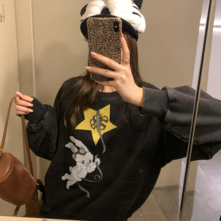 水洗做旧卫衣女秋冬圆领套头美式外套oversize小众设计感宽松上衣