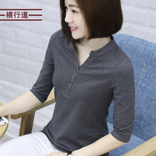 v领七分袖立领上衣2026韩版女装中袖外穿打底衫纽扣纯色女T恤春装