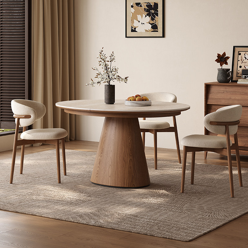 椭圆形可伸缩实木岩板餐桌中古风可折叠小户型现代简约多功能桌子