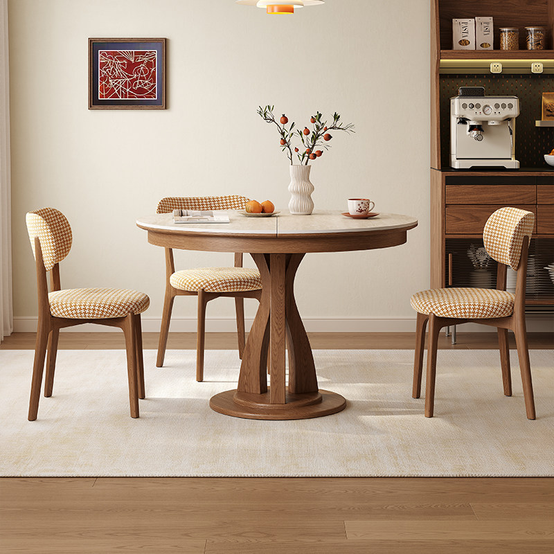 和悦洞石岩板实木伸缩圆形餐桌可变椭圆形拉伸小户型多功能折叠桌