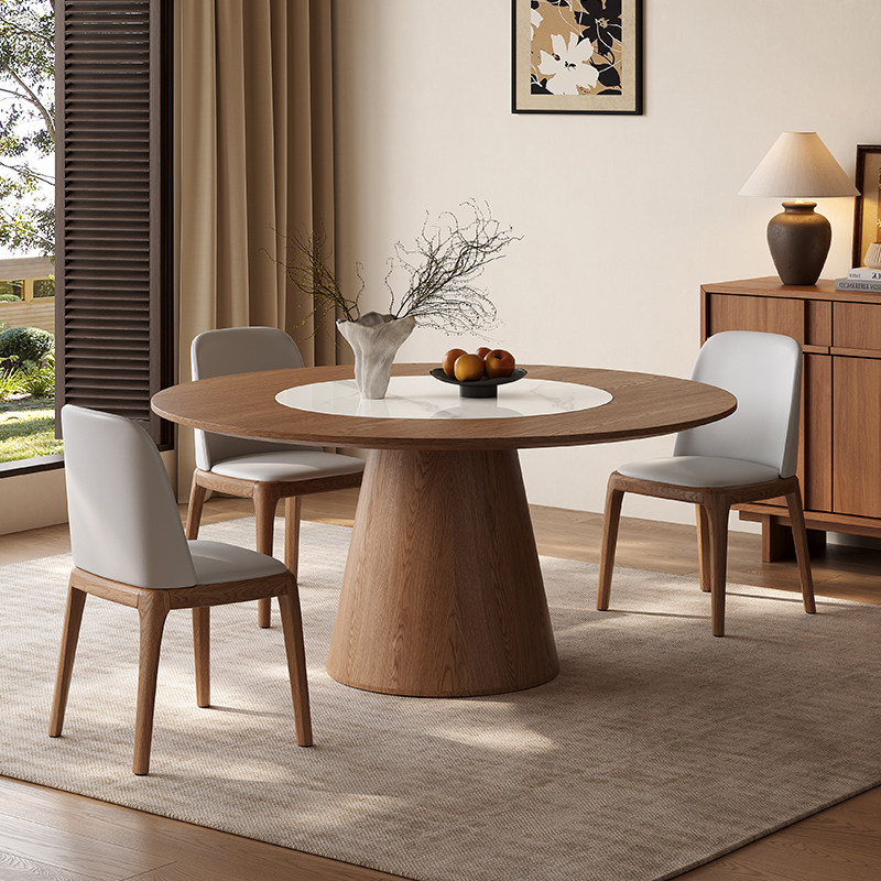 中古风实木圆形餐桌内嵌转盘现代简约家用圆桌大小户型电磁炉桌子