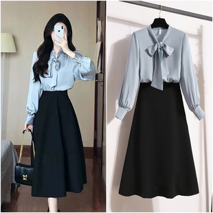 职业ol通勤面试套装裙女春秋教资教师体制内穿搭蓝色衬衫上班工作