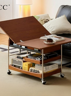 NCC实木茶几家用客厅小推车中古风小户型可移动折叠沙发边几柜