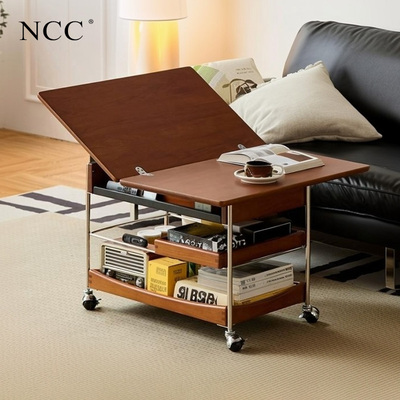 NCC实木茶几家用客厅小推车中古风小户型可移动折叠沙发边几柜