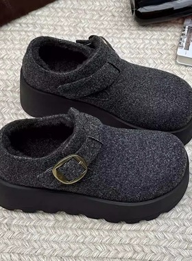 小个子灰色毛呢厚底增高乐福鞋女冬2025新款加绒勃肯鞋棉鞋羊反绒