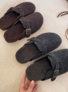 勃肯鞋女秋冬加绒灰色厚底半包一脚蹬懒人鞋子毛毛鞋羊毛毡复古