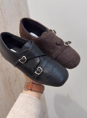勃肯鞋复古灰色呢子毛毛鞋女秋冬季新款单鞋加绒乐福鞋保暖小皮鞋