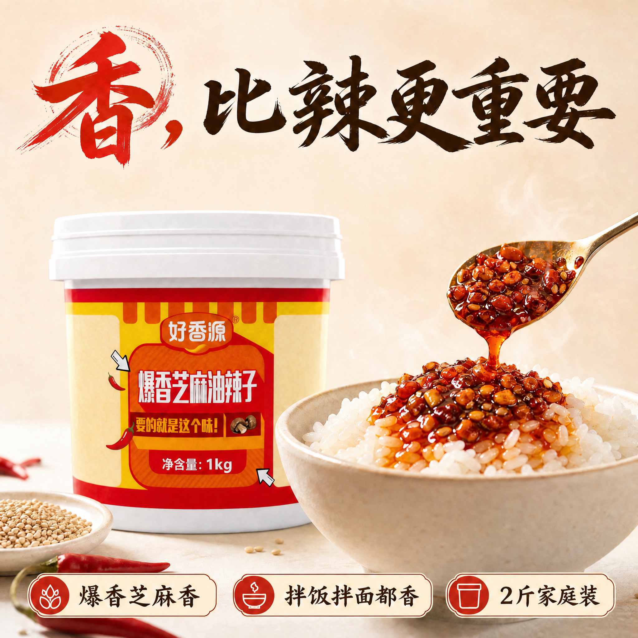 好香源爆香芝麻油辣子拌饭辣椒酱下饭酱芝麻花生凉拌菜酥脆爆香