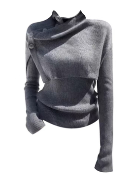 美式辣妹设计感不规则灰色针织衫可拆卸披肩女秋冬显瘦打底衫上衣