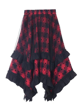 新年美式红色格子半身裙女设计感小众甜酷不规则拼接纱网A字裙子