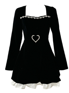 高级设计感丝绒黑色连衣裙秋冬女赫本风收腰红色花苞裙千金风裙子