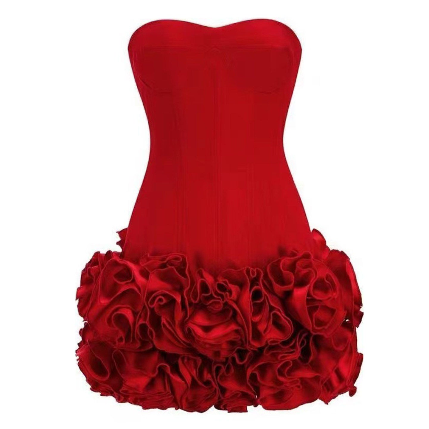 抹胸连衣裙女装名媛生日礼服裙重工生日战袍玫瑰鱼骨蓬蓬红色裙子