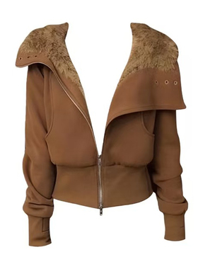 自制设计感焦糖可颂毛领卫衣外套女2026冬新款设计感短款开衫上衣