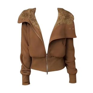 自制设计感焦糖可颂毛领卫衣外套女2026冬新款设计感短款开衫上衣