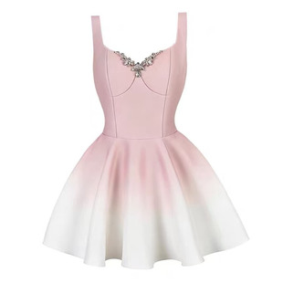 现货千金风轻奢少女收腰剪裁渐变镶钻连衣裙高级感甜美生日蓬蓬裙