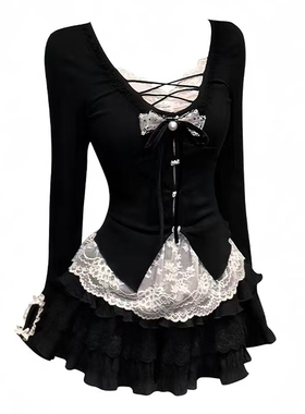 甜辣纯欲风黑色假两件内搭打底上衣秋蕾丝辣妹蛋糕裙两件套装裙女