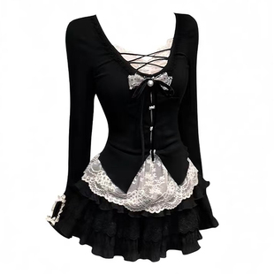 甜辣纯欲风黑色假两件内搭打底上衣秋蕾丝辣妹蛋糕裙两件套装 裙女