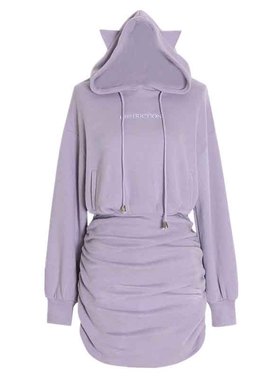 现货紫色辣妹连帽裙子收腰显瘦包臀裙卫衣裙褶皱长袖连衣裙女秋