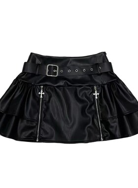 自制原创辣妹设计感高腰蓬蓬半身裙显腿亚文化风拉链蛋糕裙短皮裙