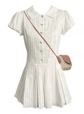 现货甜辣设计感白色连衣裙a字裙短袖衬衫裙通勤学院风辣妹茶歇裙