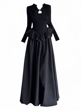 新中式立领盘扣长袖连衣裙女秋收腰显瘦高级感A字花苞蓬蓬长裙女