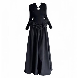 新中式 连衣裙女秋收腰显瘦高级感A字花苞蓬蓬长裙女 立领盘扣长袖