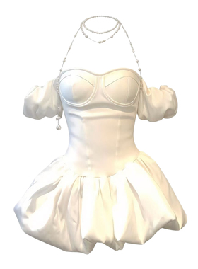 自制千金风重工缎面一字肩蓬蓬裙高级感收腰公主生日礼服花苞裙