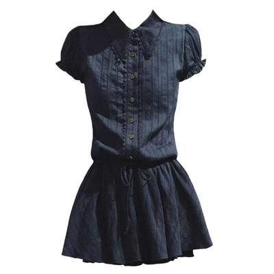 学院风泡泡袖衬衫收腰连衣裙