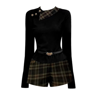 现货【怦然心动】纯欲设计感辣妹老钱风假两件格子拼接华夫格套装