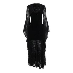 自制暗黑系哥特风复古小黑裙万圣节亚文化丝绒拼接蕾丝裙连衣裙女