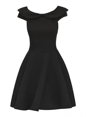 现货设计感气质一字肩黑色连衣裙夏季新款收腰显瘦法式蓬蓬短裙女