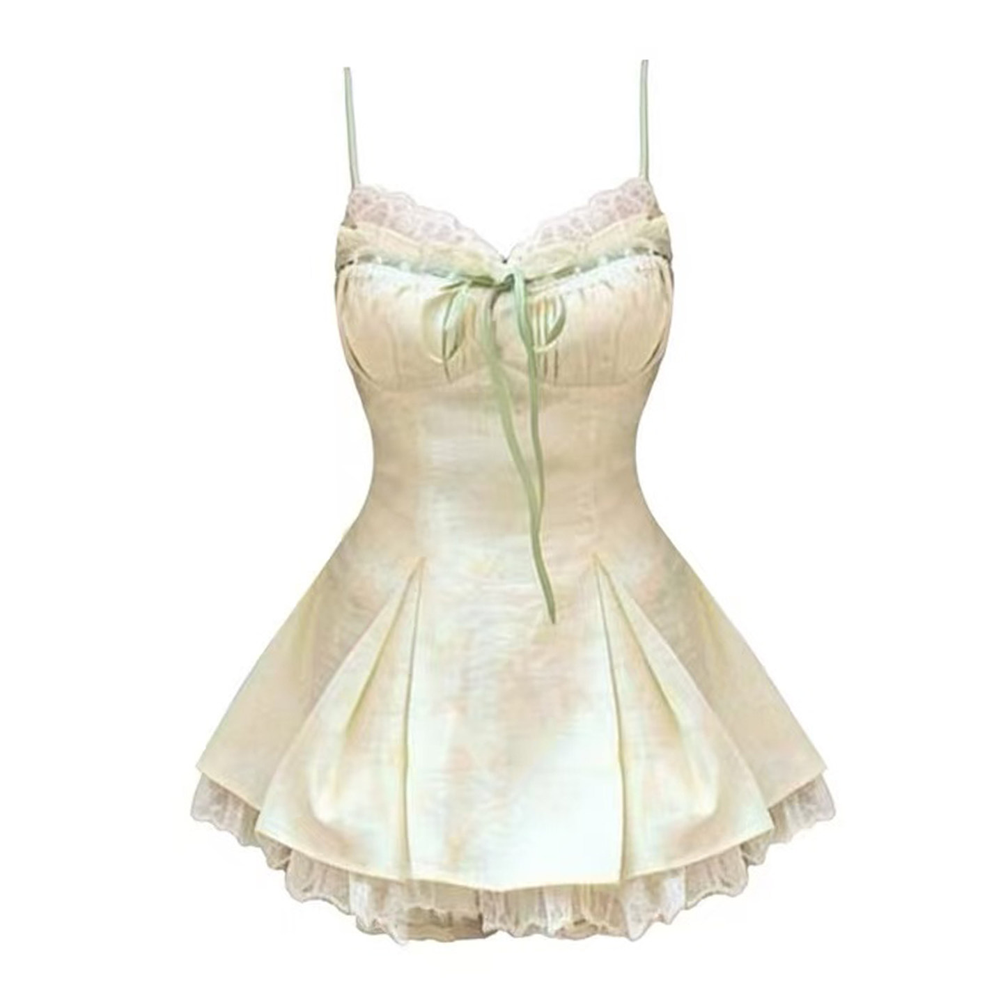 现货 夏日青提纯欲甜美短裙收腰设计感蕾丝拼接吊带裙+开衫两套装