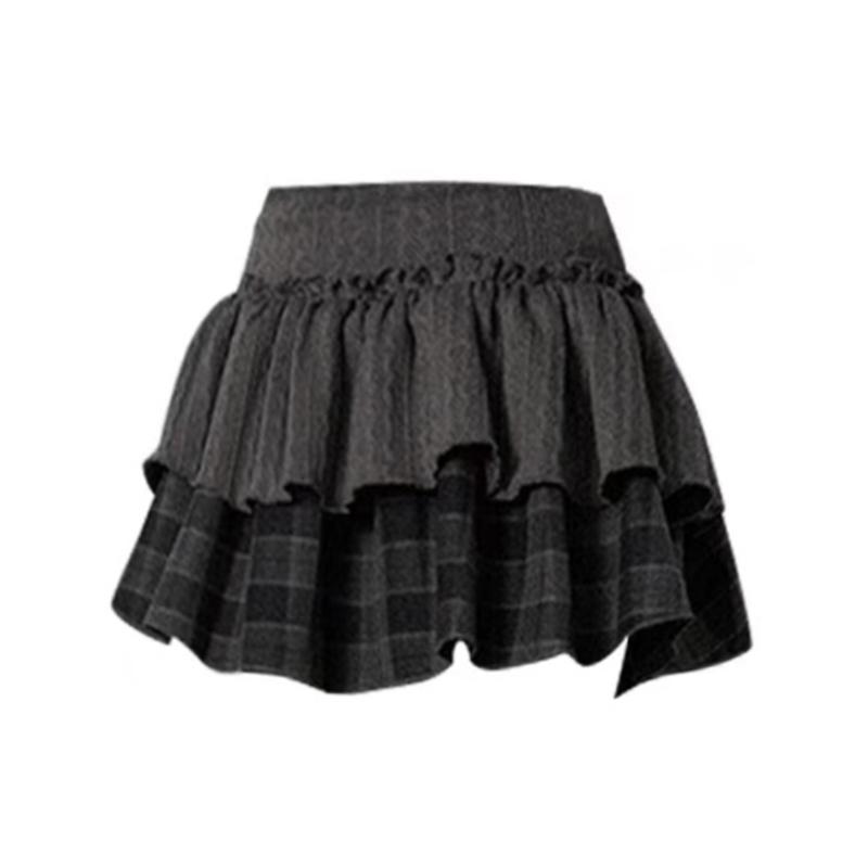 自制美式设计感蓬蓬蛋糕裙小众复古a字松紧腰双层拼接格子半身裙