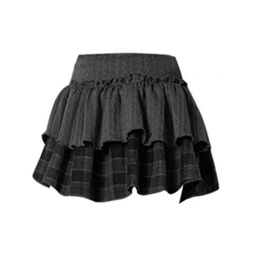 自制美式设计感蓬蓬蛋糕裙小众复古a字松紧腰双层拼接格子半身裙