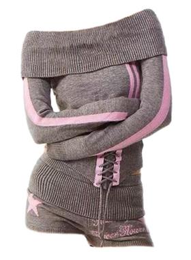 自制美式y2k纯欲甜辣妹灰色星星一字肩毛衣松紧腰短裤两件套装女