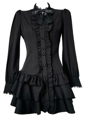 万圣节设计感暗黑哥特复古收腰蕾丝连衣短裙女黑色蓬蓬蛋糕连衣裙