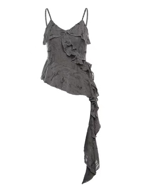 亚文化废土风灰色吊带上衣女千禧甜辣妹不规则荷叶边下摆热辣背心