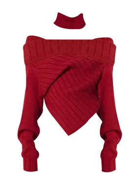 现货新年穿搭一字肩针织衫辣妹短款不规则红色秋冬打底毛织上衣女