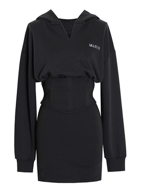 现货甜酷少女辣妹卫衣连衣裙女修身2025秋冬新款设计感烟灰色短裙