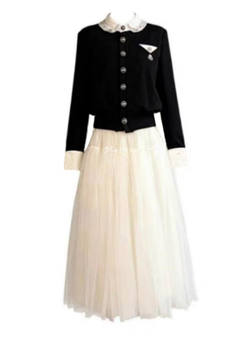 自制公主礼赞赫本风千金碎钻翻领针织上衣+白纱网纱蓬蓬裙两件套